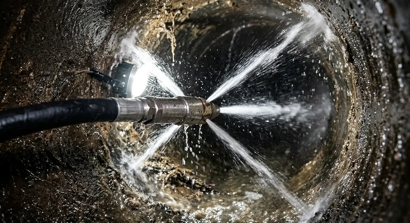 High-pressure hydro jetting nozzle cleaning sewer pipe for Emergency Drain Service in New Canaan